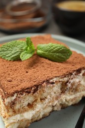 Photo of Piece of tasty tiramisu with fresh mint on table, closeup