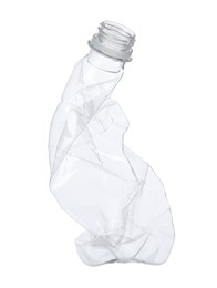 Photo of One crumpled plastic bottle isolated on white