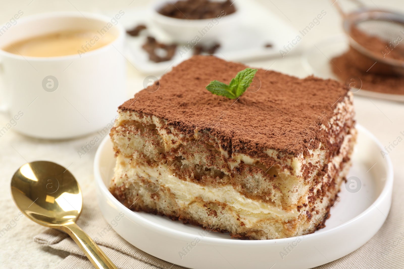 Photo of Delicious tiramisu with mint on light table, closeup