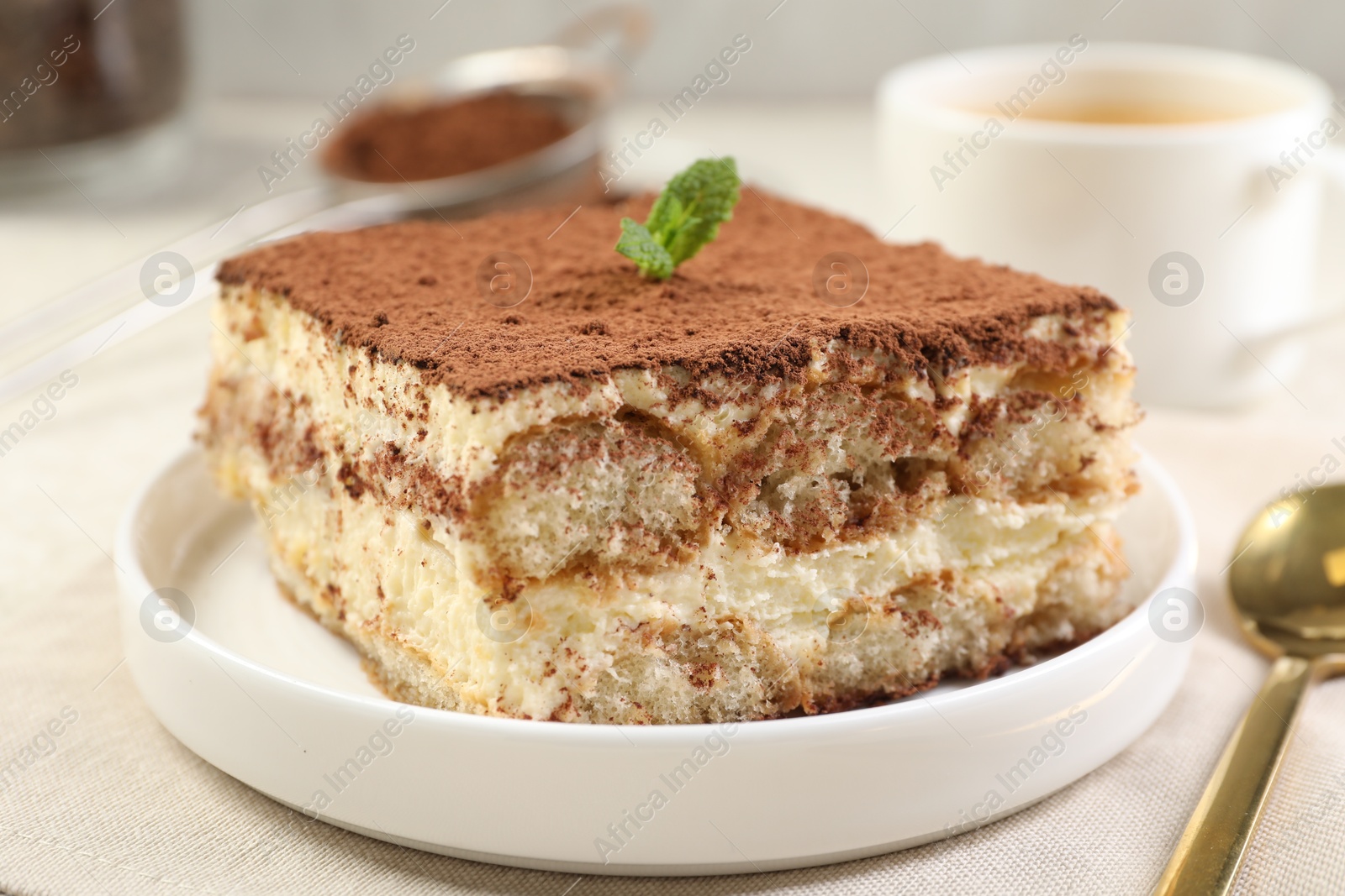 Photo of Delicious tiramisu with mint on light table, closeup