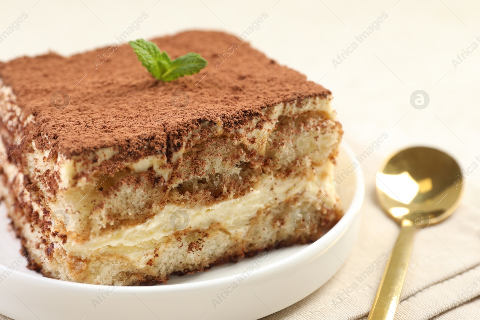 Photo of Delicious tiramisu with mint on light table, closeup