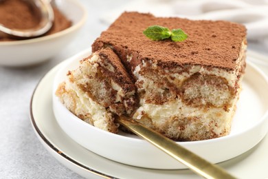 Photo of Delicious tiramisu with mint on light table, closeup