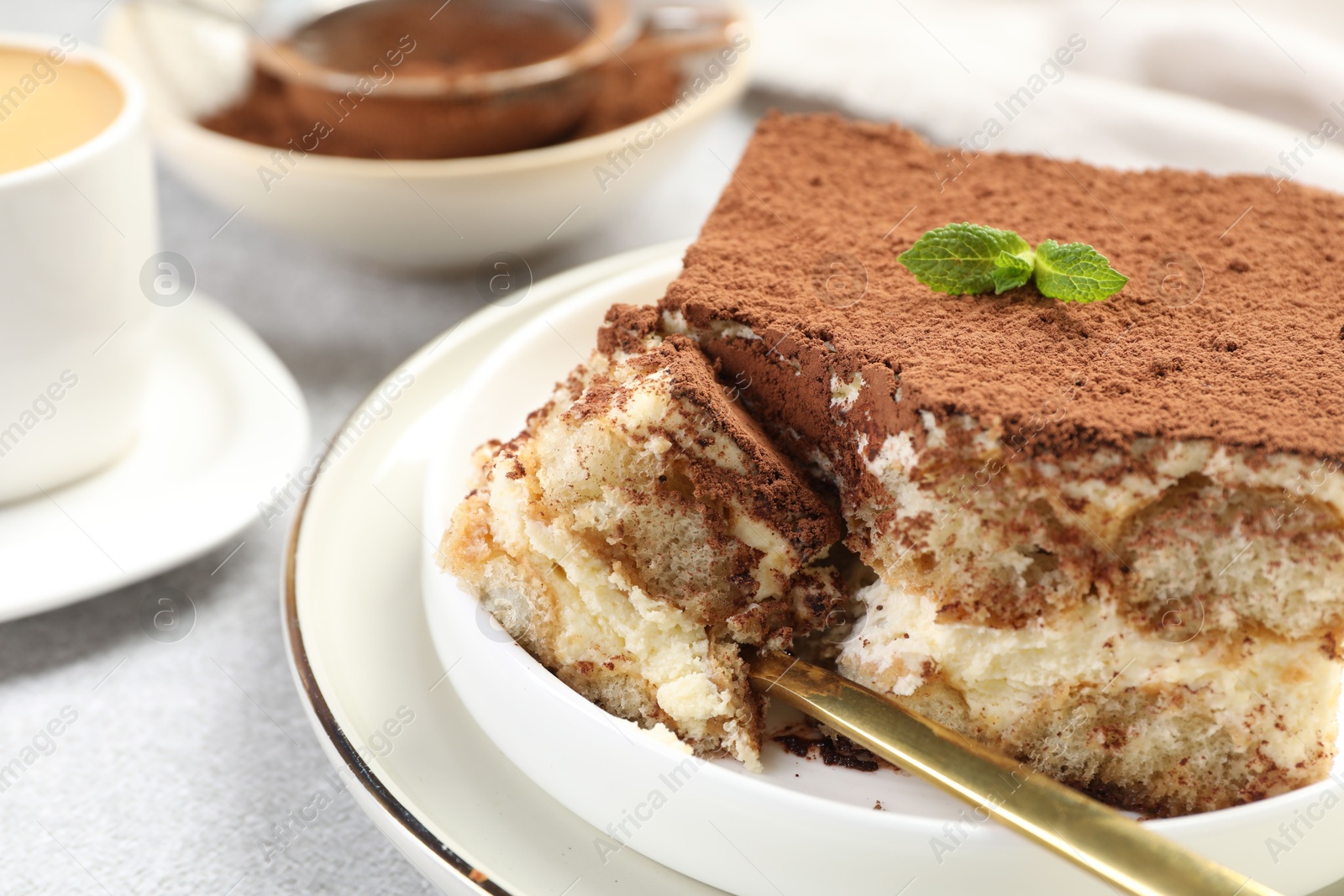 Photo of Delicious tiramisu with mint on light table, closeup