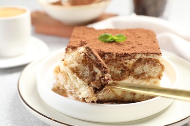 Photo of Delicious tiramisu with mint on light table, closeup