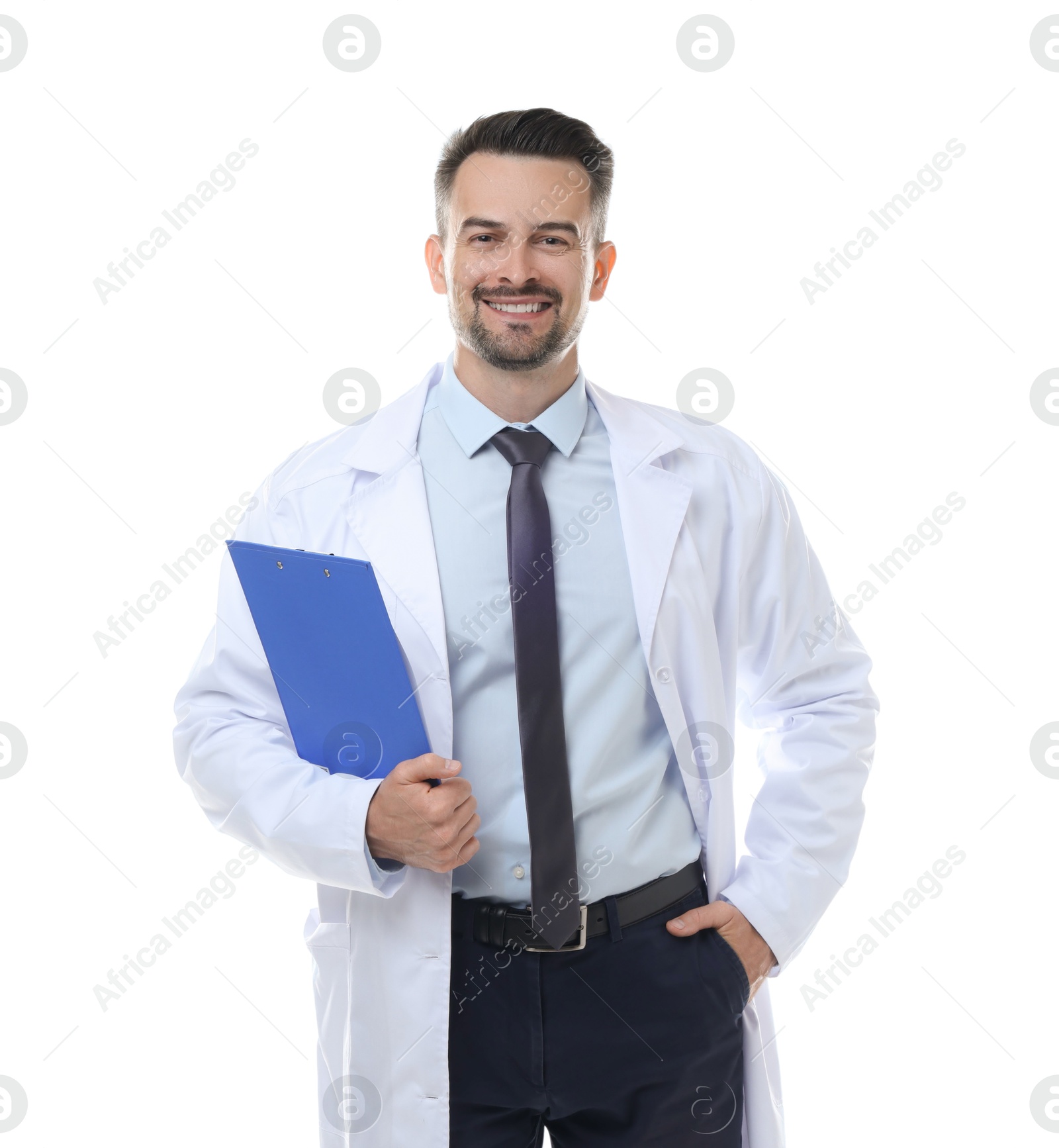 Photo of Smiling doctor with clipboard on white background