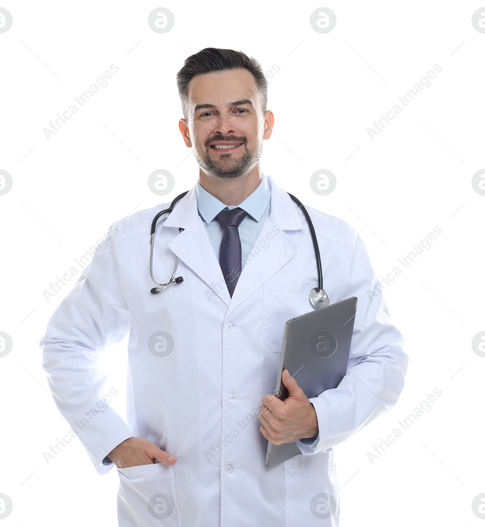 Photo of Smiling doctor with stethoscope and laptop isolated on white