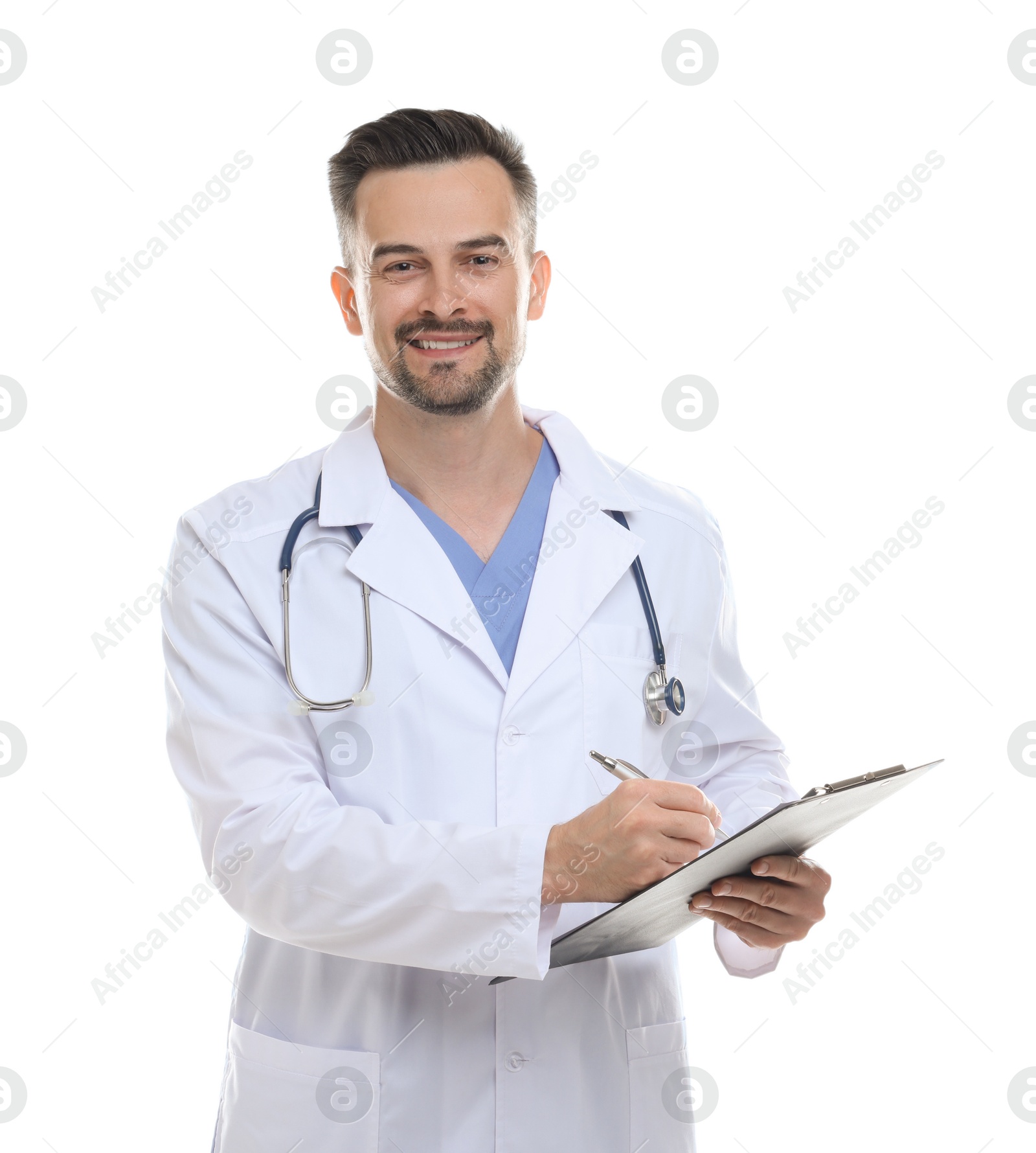 Photo of Smiling doctor with stethoscope and clipboard isolated on white