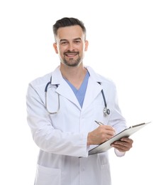 Photo of Smiling doctor with stethoscope and clipboard isolated on white