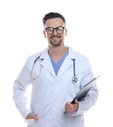 Photo of Smiling doctor with stethoscope and clipboard isolated on white