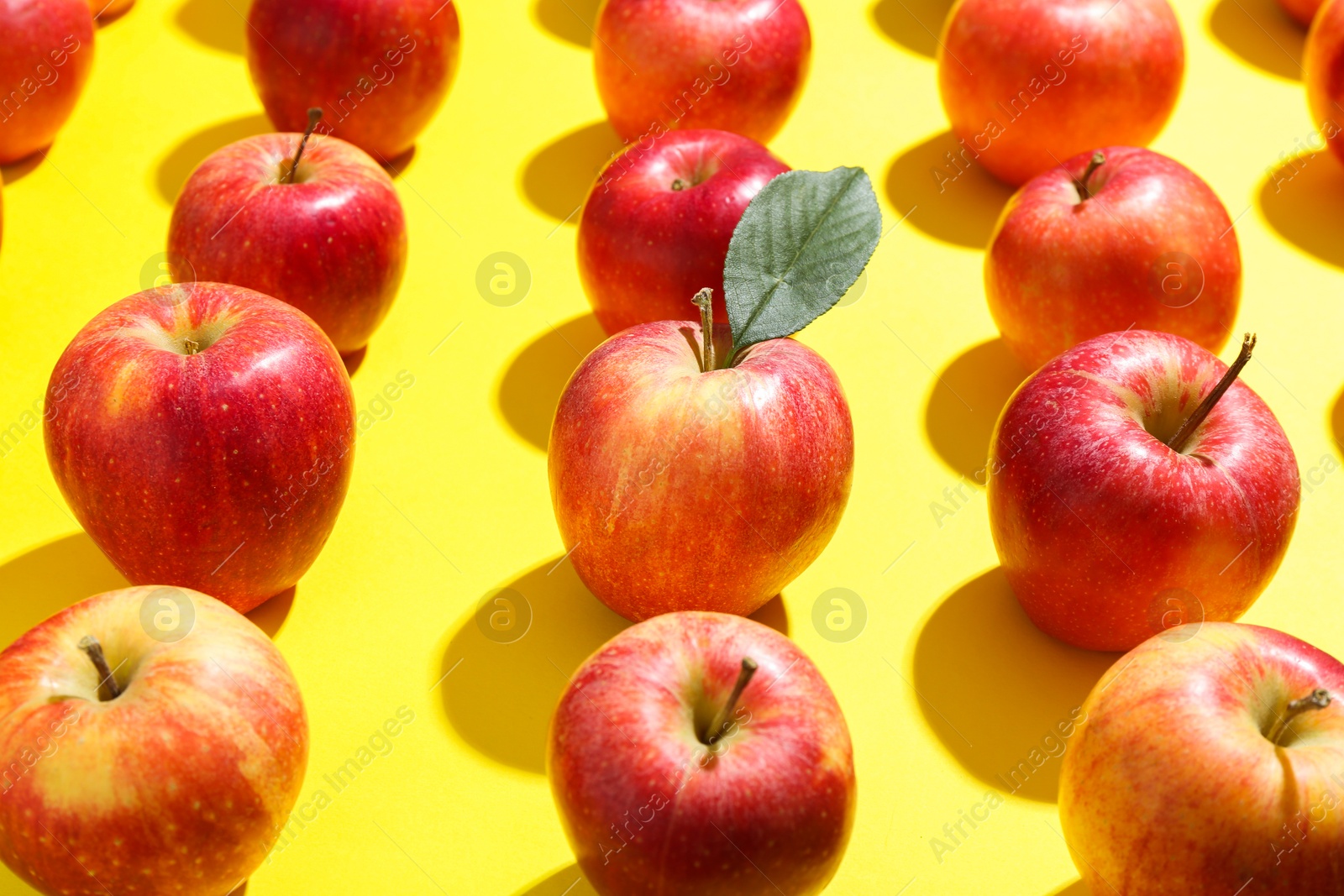 Photo of Many red apples on yellow background, closeup