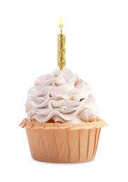 Photo of Birthday cupcake with candle isolated on white