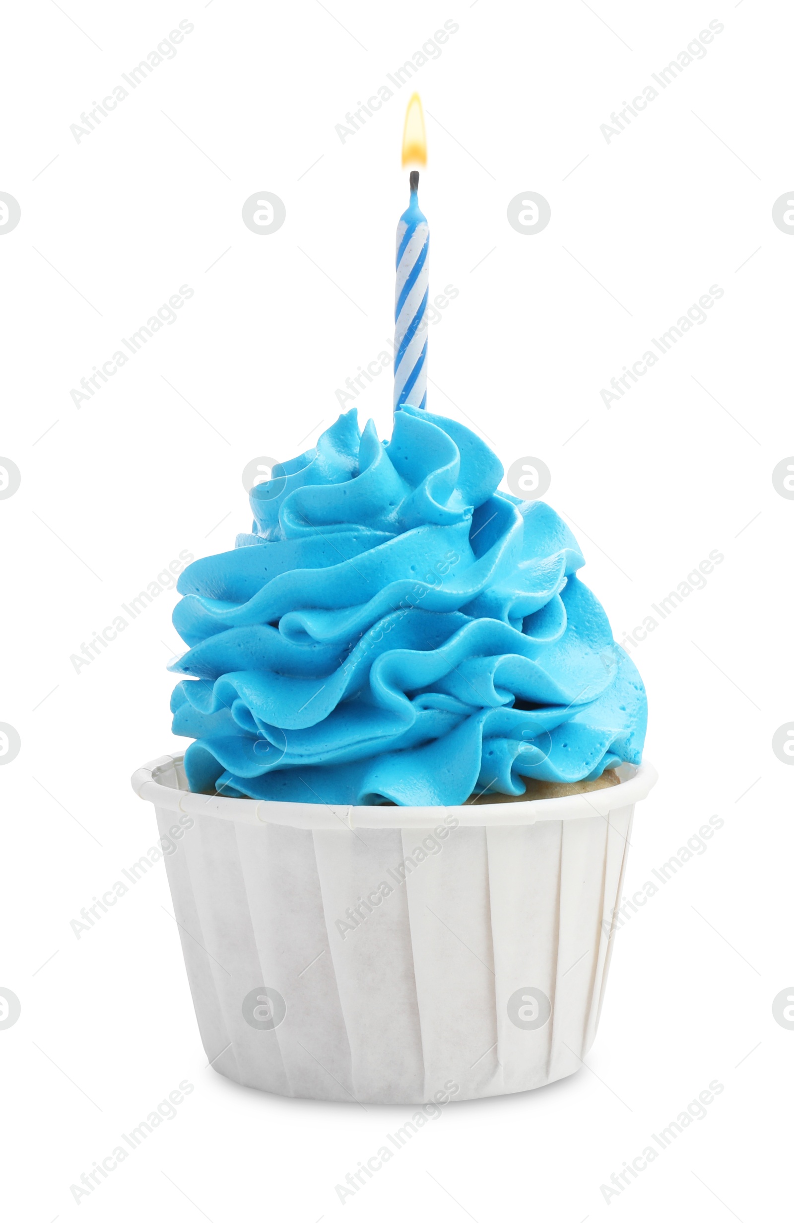 Photo of Birthday cupcake with candle isolated on white