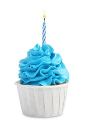 Photo of Birthday cupcake with candle isolated on white