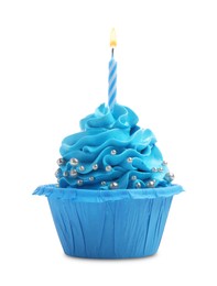 Photo of Birthday cupcake with candle isolated on white