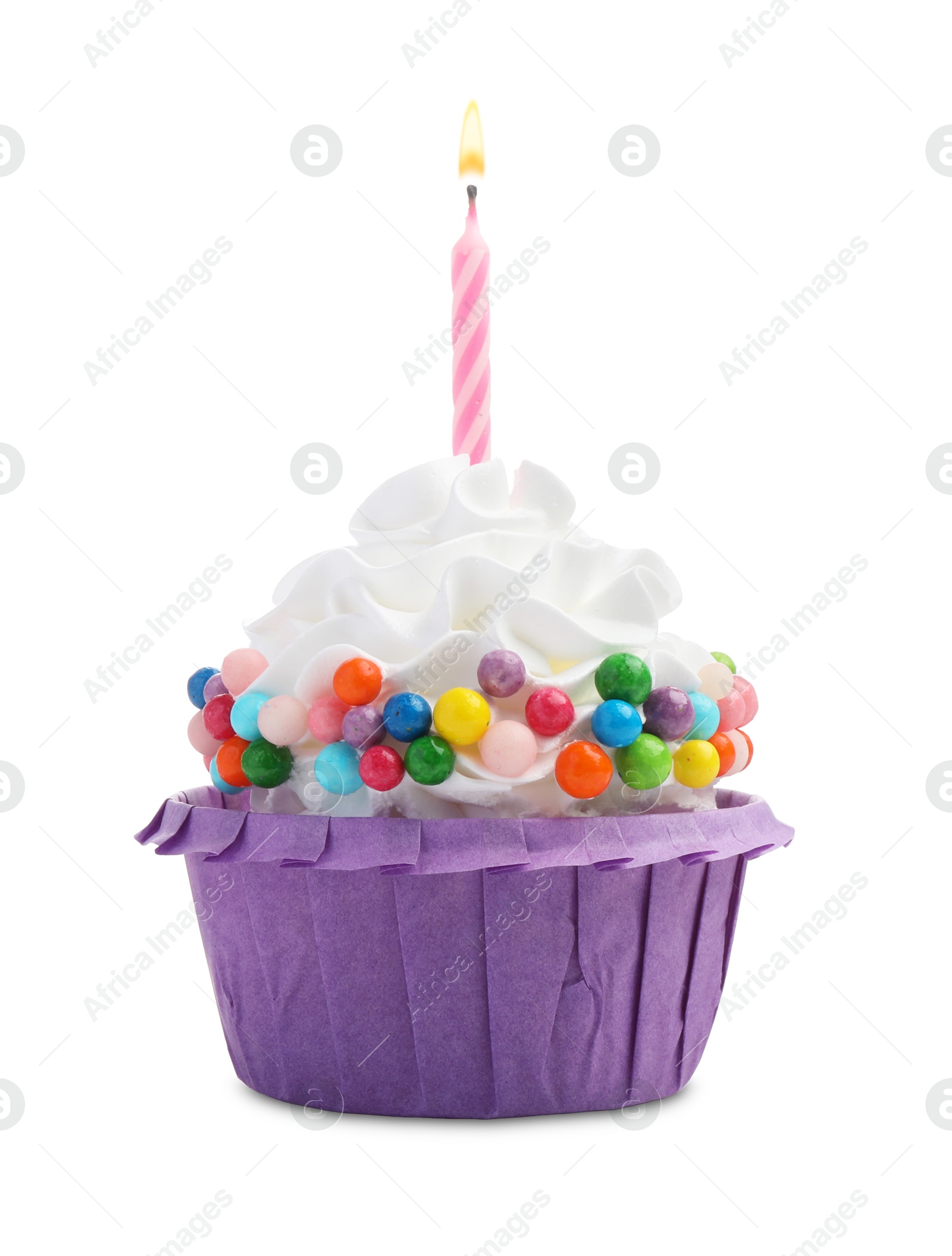 Photo of Birthday cupcake with candle isolated on white