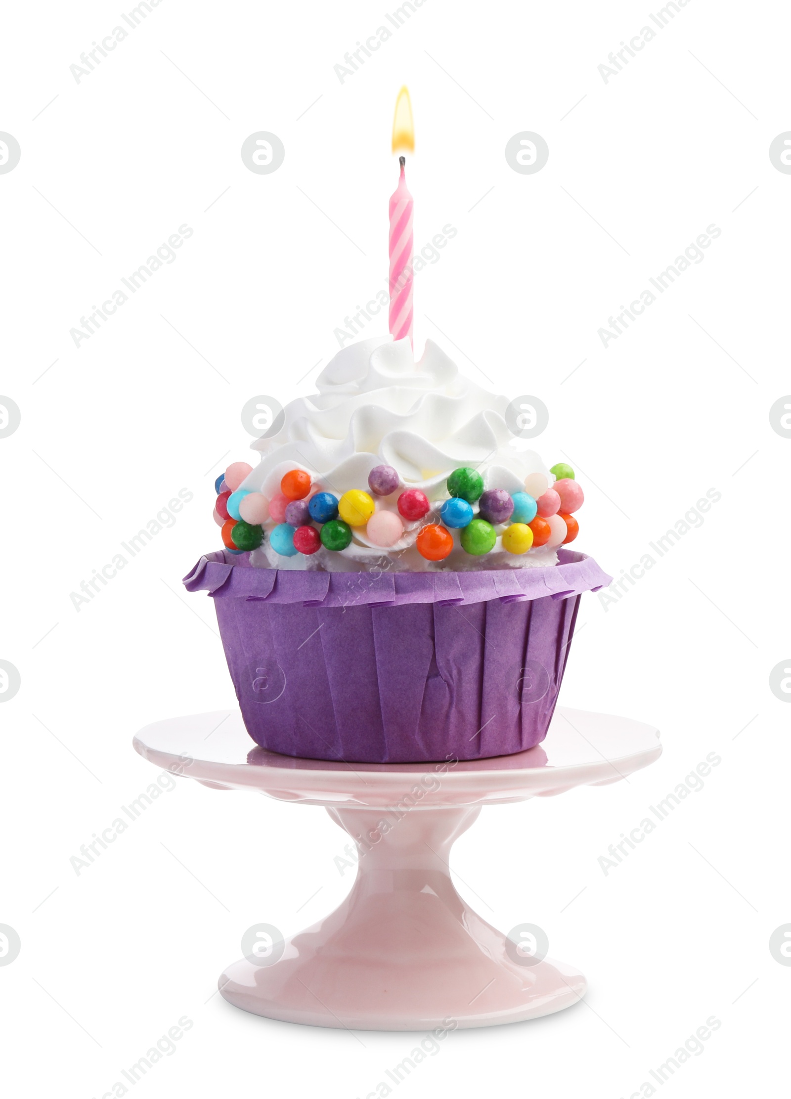 Photo of Birthday cupcake with candle isolated on white