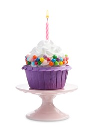 Photo of Birthday cupcake with candle isolated on white