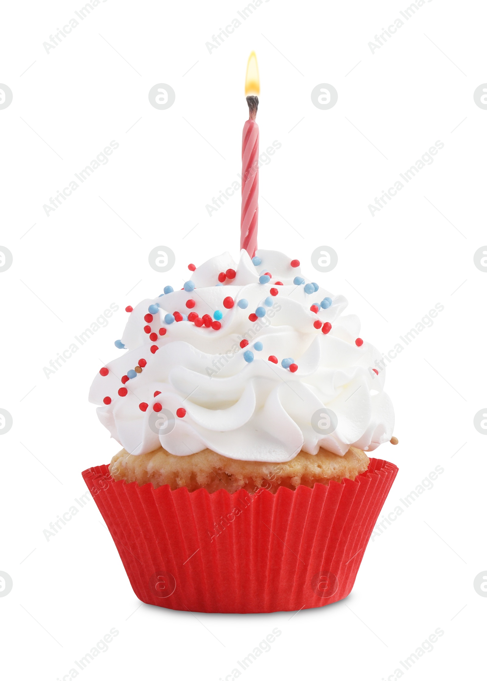 Photo of Birthday cupcake with candle isolated on white