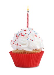 Photo of Birthday cupcake with candle isolated on white