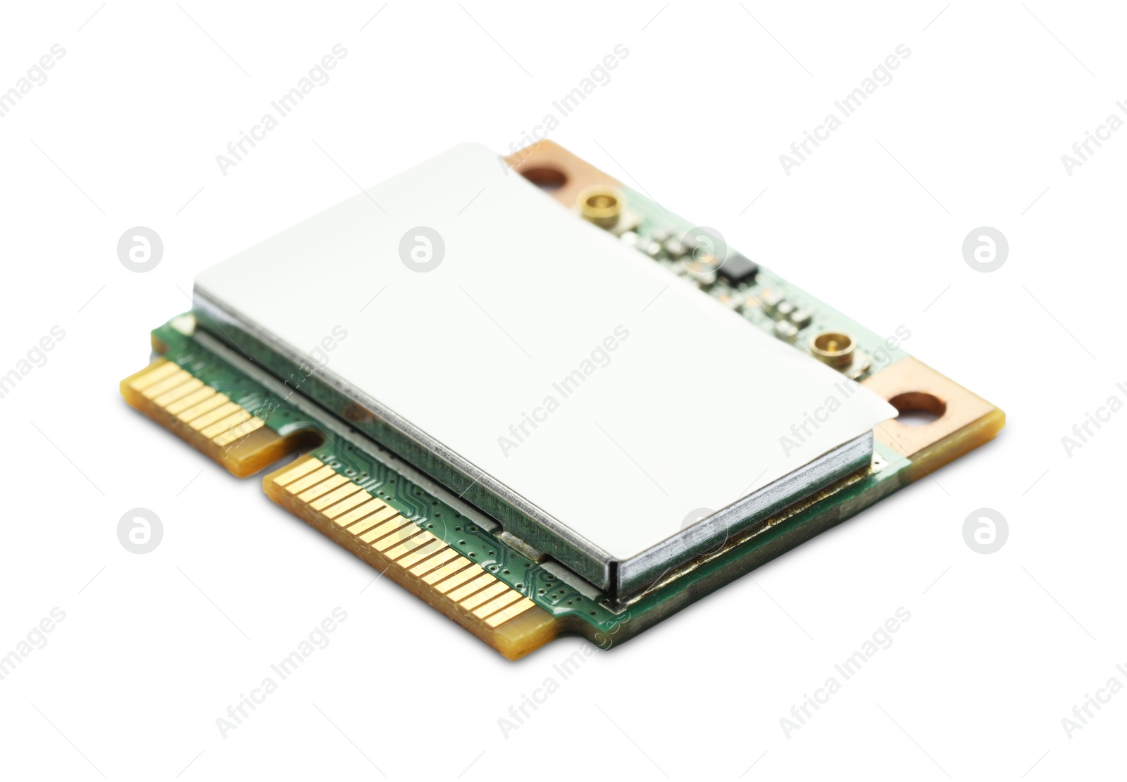 Photo of One Wi-Fi card isolated on white. Electronic engineering