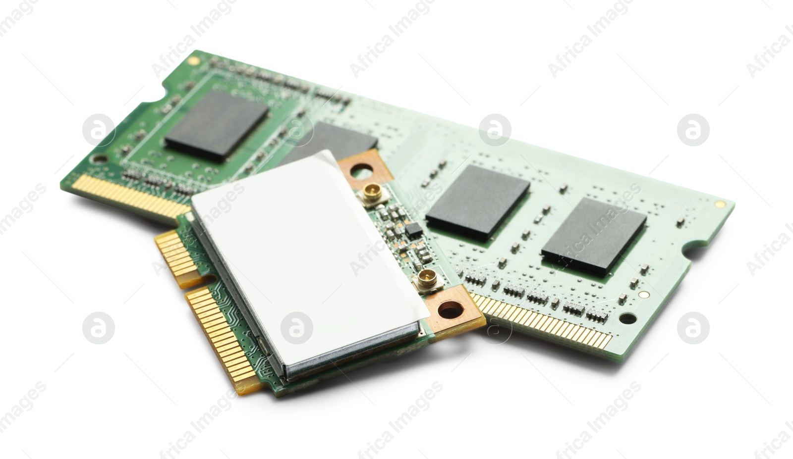 Photo of Wi-Fi card and RAM chip isolated on white. Electronic engineering