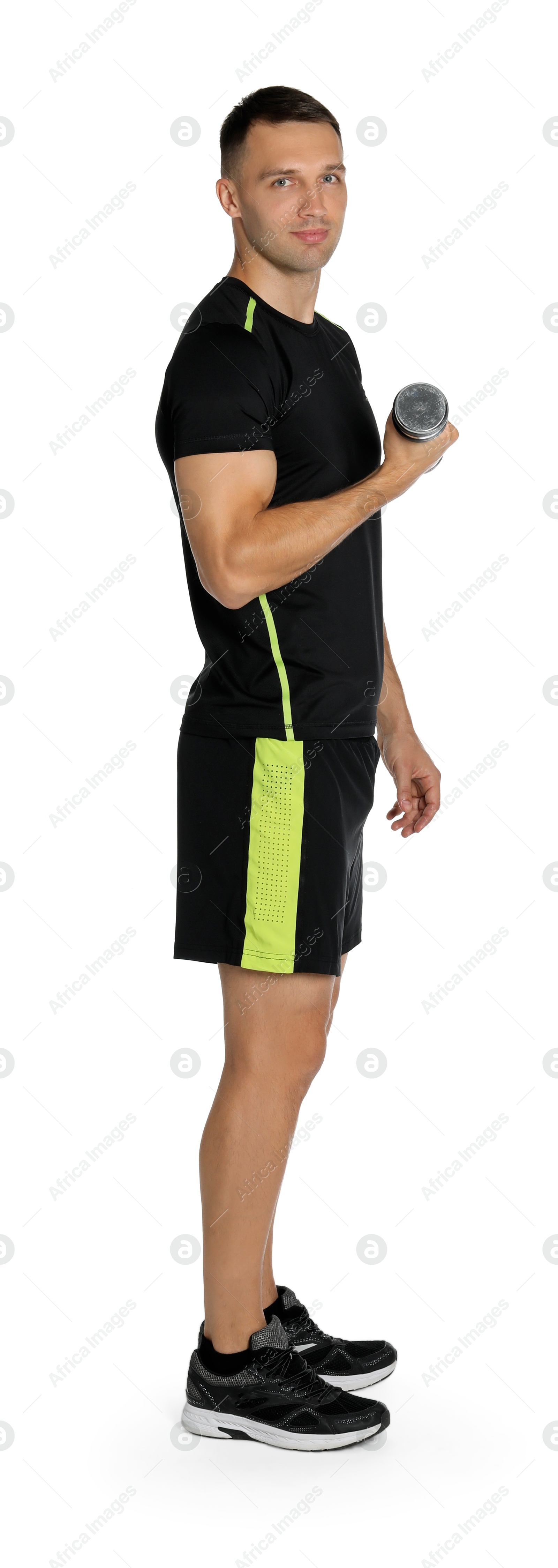 Photo of Man exercising with dumbbell on white background