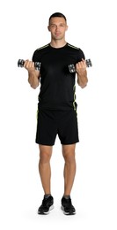 Photo of Man exercising with dumbbells on white background