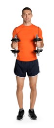 Photo of Man exercising with barbells on white background