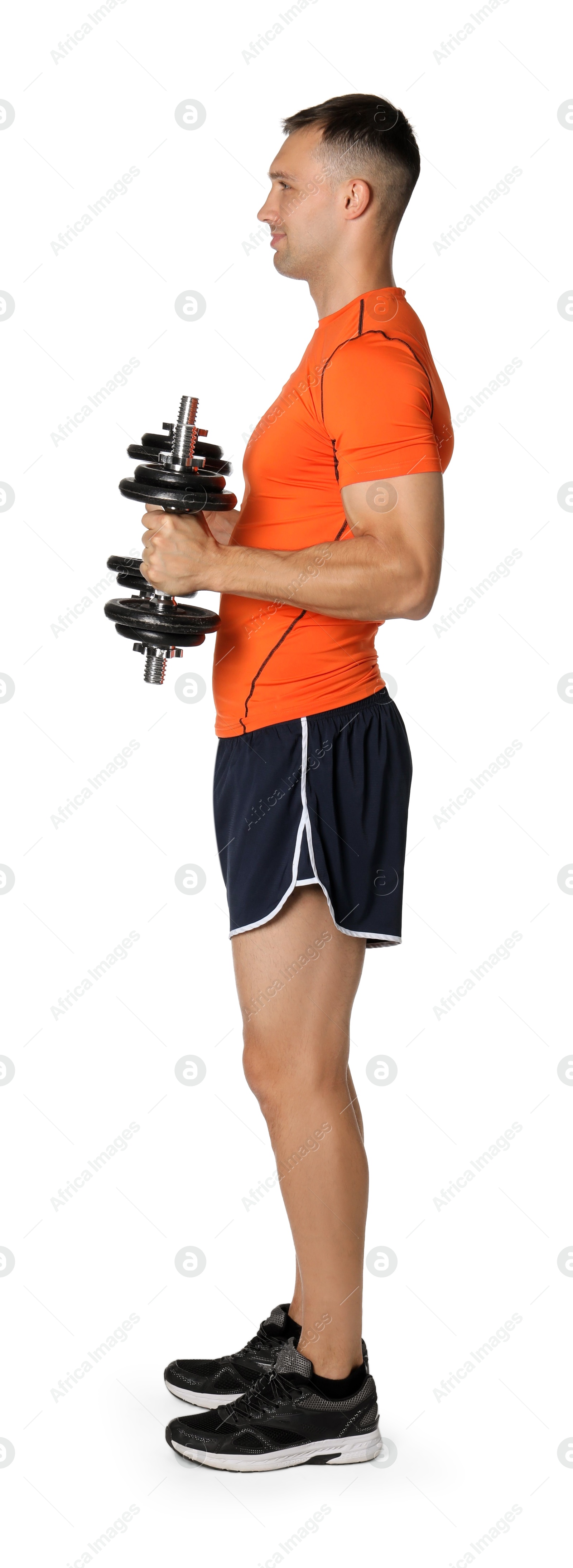 Photo of Man exercising with barbells on white background