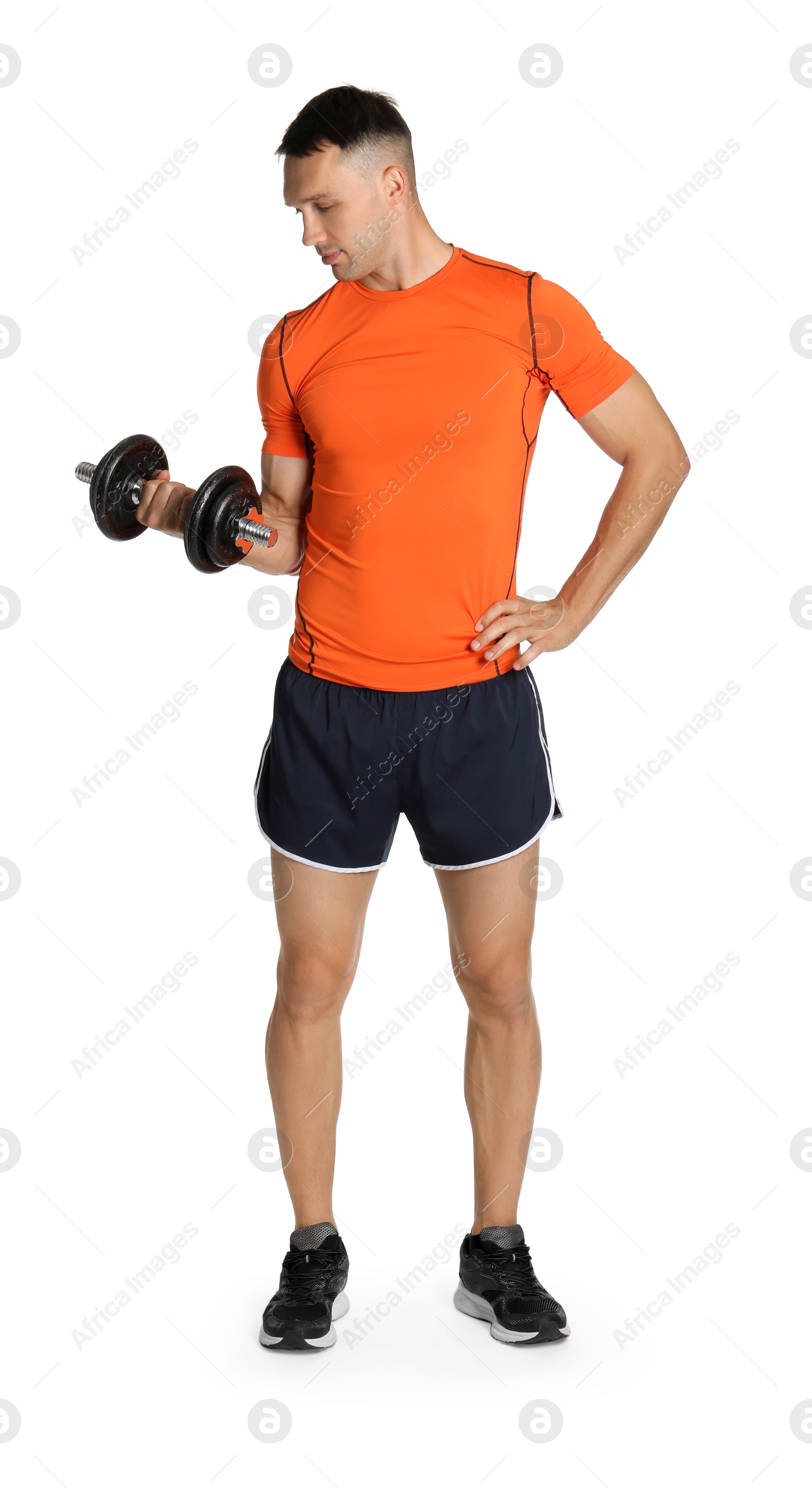 Photo of Man exercising with barbell on white background