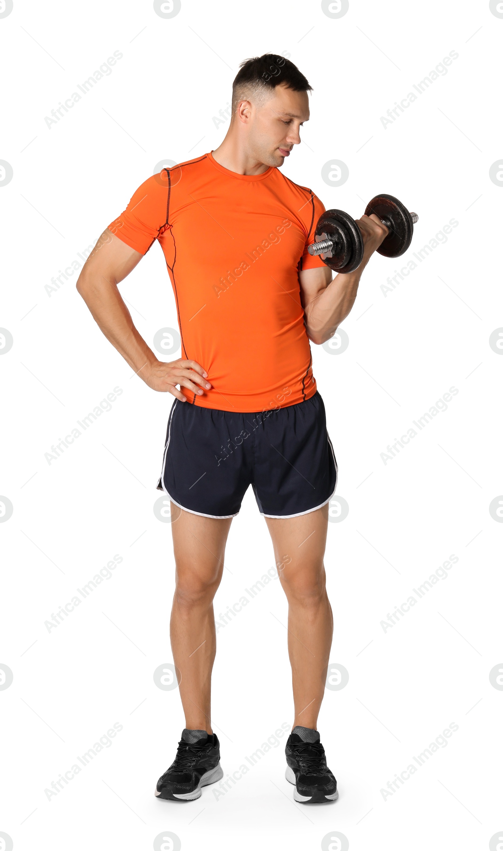 Photo of Man exercising with barbell on white background