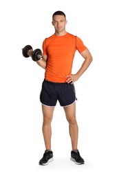 Photo of Man exercising with barbell on white background