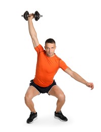 Man exercising with barbell on white background