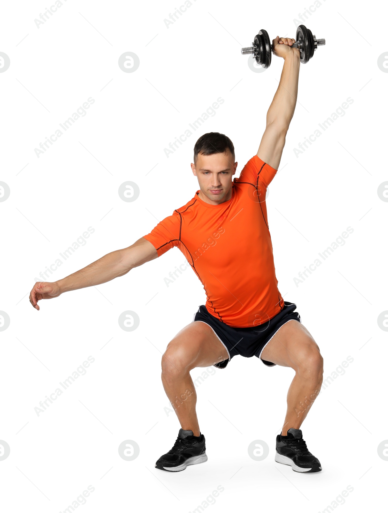 Photo of Man exercising with barbell on white background