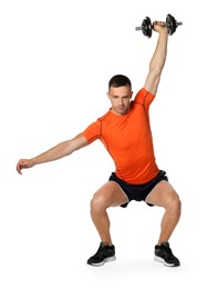 Photo of Man exercising with barbell on white background