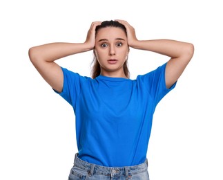 Photo of Stressful student before exam isolated on white