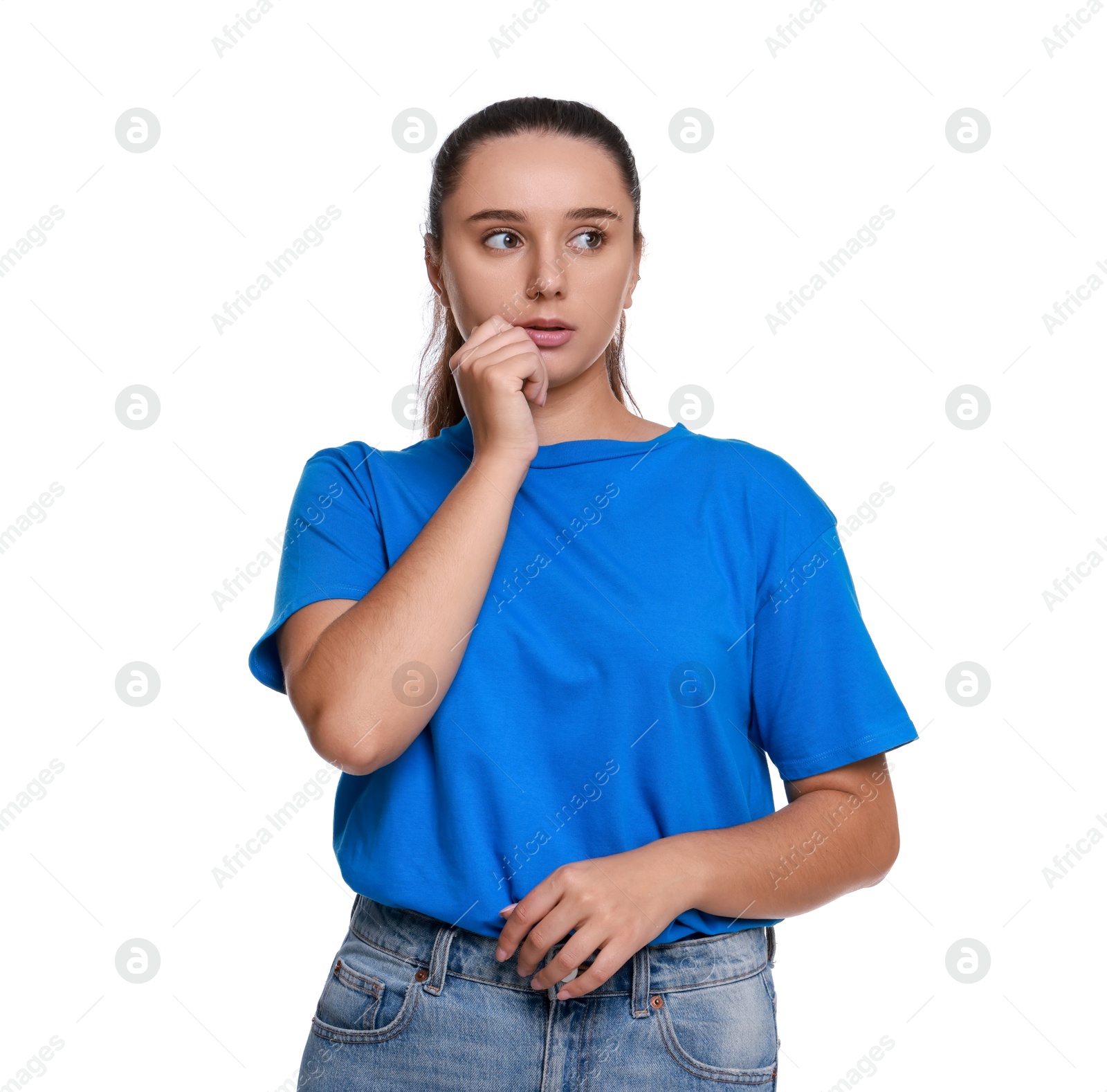 Photo of Stressful student before exam isolated on white