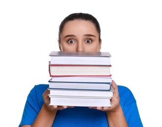 Photo of Stressful student with stack of books before exam isolated on white