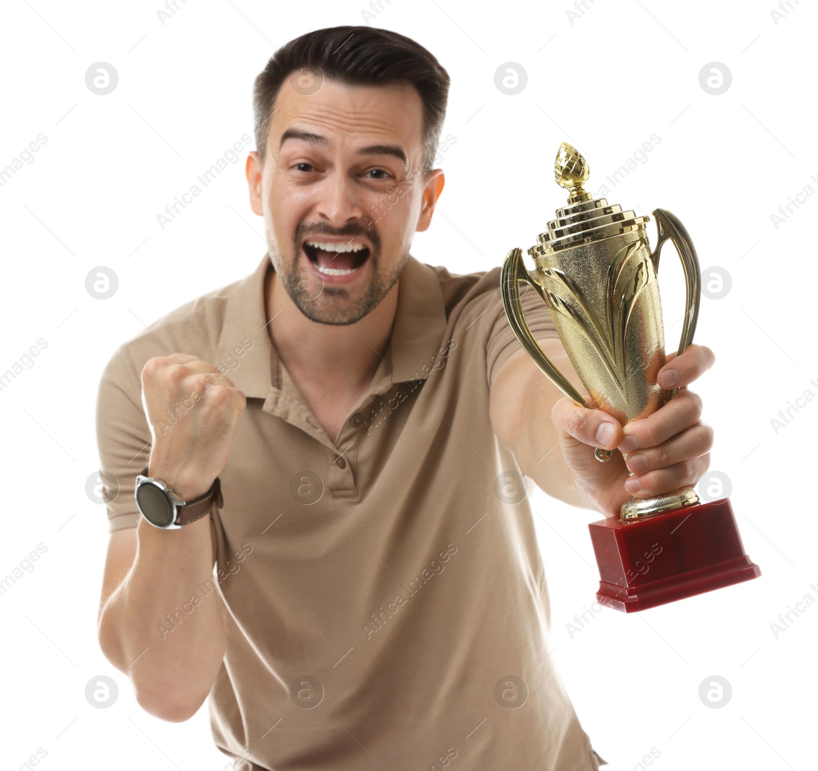 Photo of Happy winner with golden trophy cup on white background