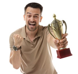 Happy winner with golden trophy cup on white background