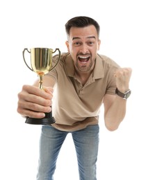 Photo of Happy winner with golden trophy cup on white background