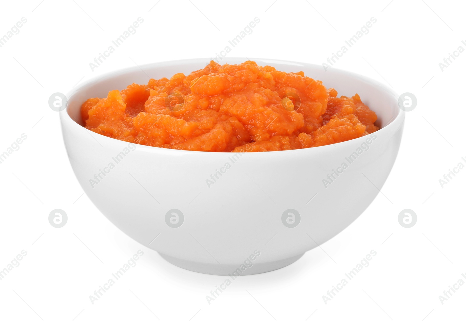 Photo of Tasty mashed sweet potato in bowl isolated on white