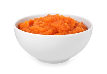 Photo of Tasty mashed sweet potato in bowl isolated on white