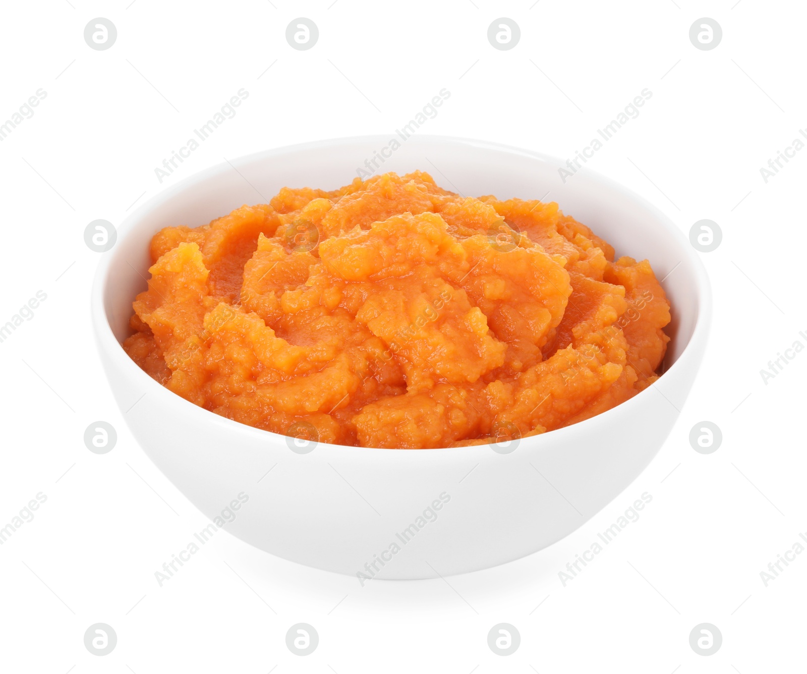 Photo of Tasty mashed sweet potato in bowl isolated on white