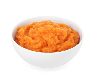 Photo of Tasty mashed sweet potato in bowl isolated on white