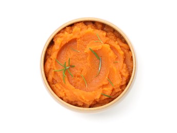 Photo of Tasty mashed sweet potato with rosemary in bowl isolated on white, top view