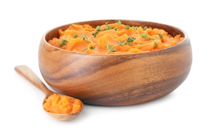 Photo of Tasty mashed sweet potato with thyme in bowl and spoon isolated on white