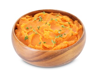 Photo of Tasty mashed sweet potato with thyme in bowl isolated on white