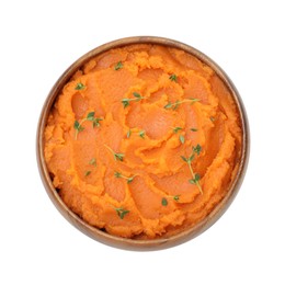 Photo of Tasty mashed sweet potato with thyme in bowl isolated on white, top view