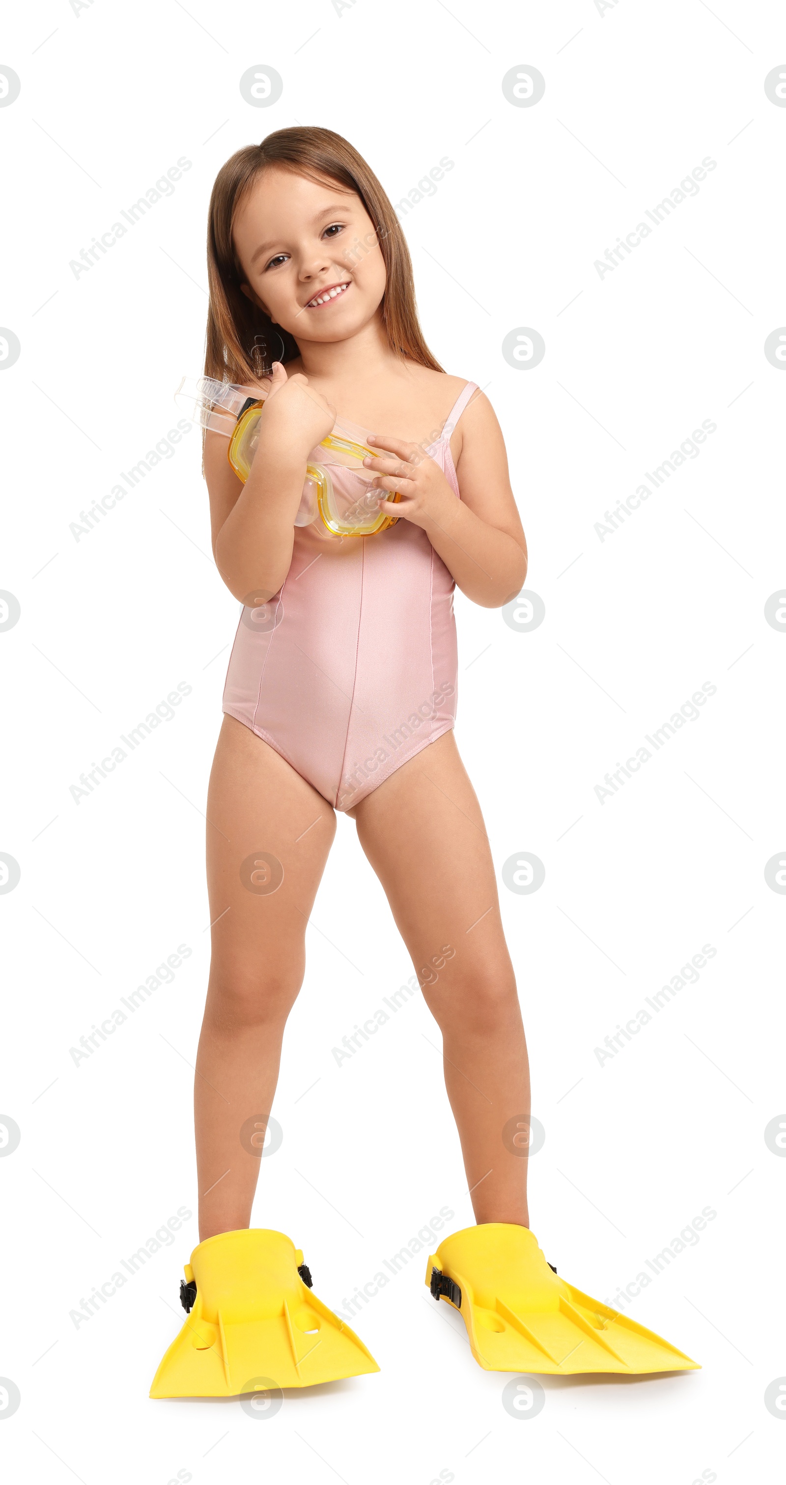 Photo of Cute little girl in swimsuit with mask and fins on white background